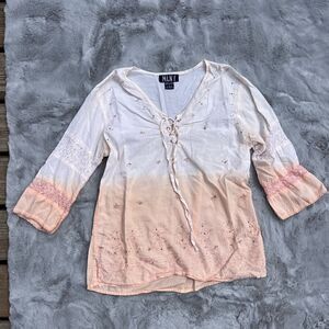 MLNY Ombré peach top w/ beads & lace up V neck  3/4 sleeves Size L Made in India
